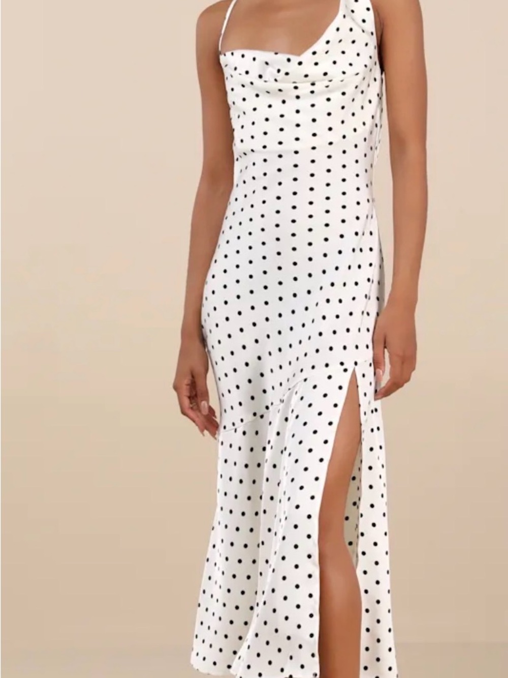 Lulus Matea White Polka Dot Satin Cowl Tie-Back Midi Dress size xs